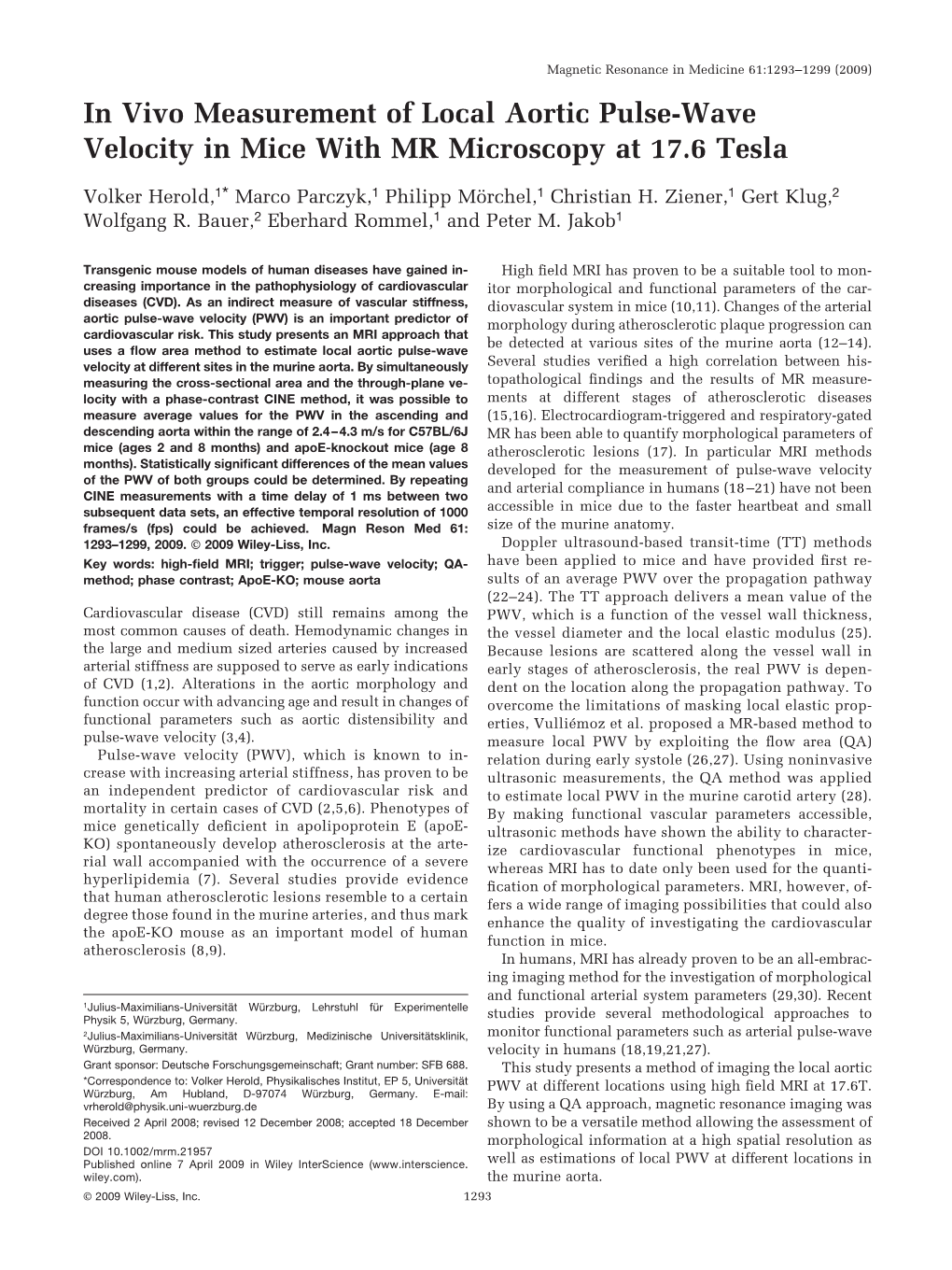 In Vivo Measurement of Local Aortic Pulse-Wave Velocity in Mice with MR Microscopy at 17.6 Tesla