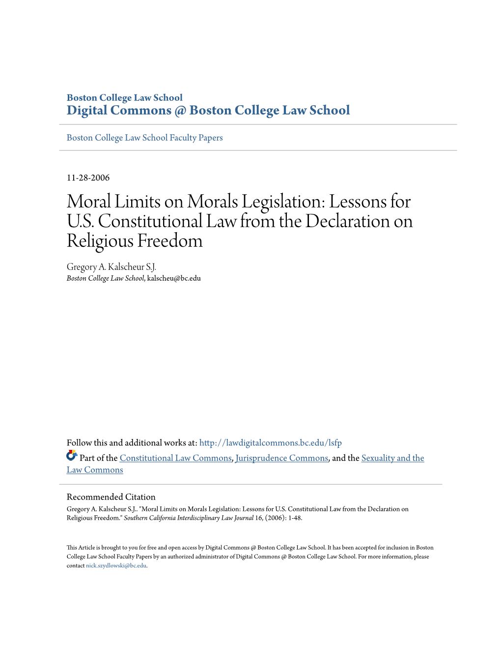 Moral Limits on Morals Legislation: Lessons for U.S. Constitutional Law from the Declaration on Religious Freedom Gregory A