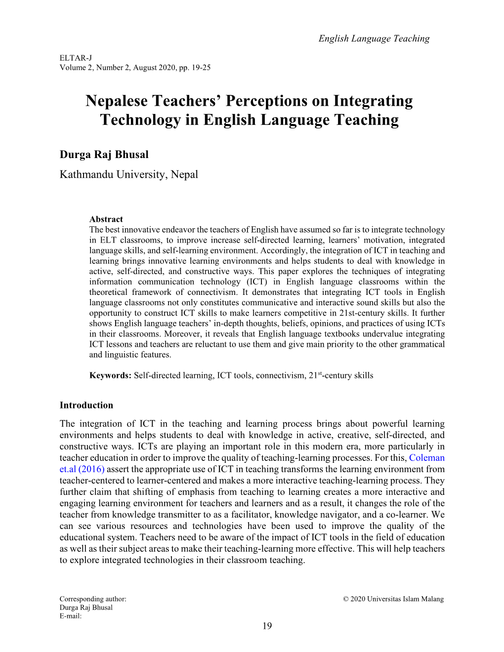 Nepalese Teachers' Perceptions on Integrating Technology in English