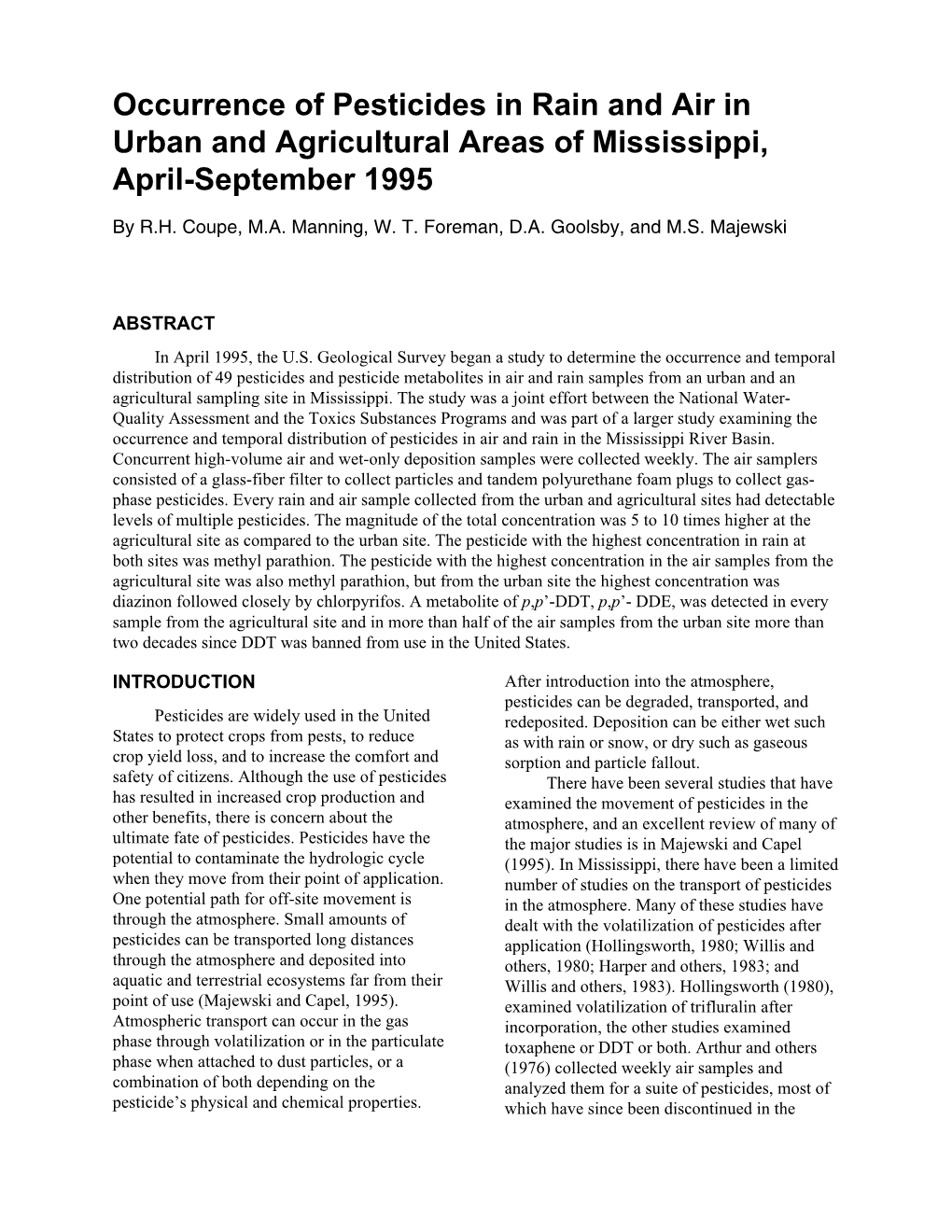 Occurrence of Pesticides in Rain and Air in Urban and Agricultural Areas of Mississippi, April-September 1995