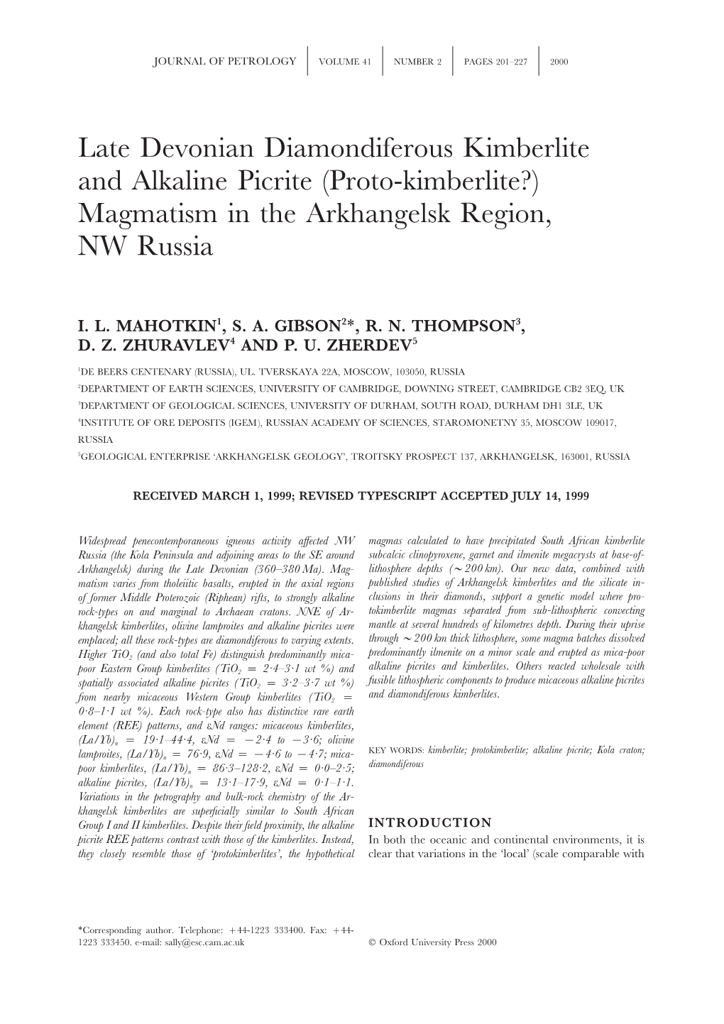 Late Devonian Diamondiferous Kimberlite and Alkaline Picrite (Proto-Kimberlite?) Magmatism in the Arkhangelsk Region, NW Russia