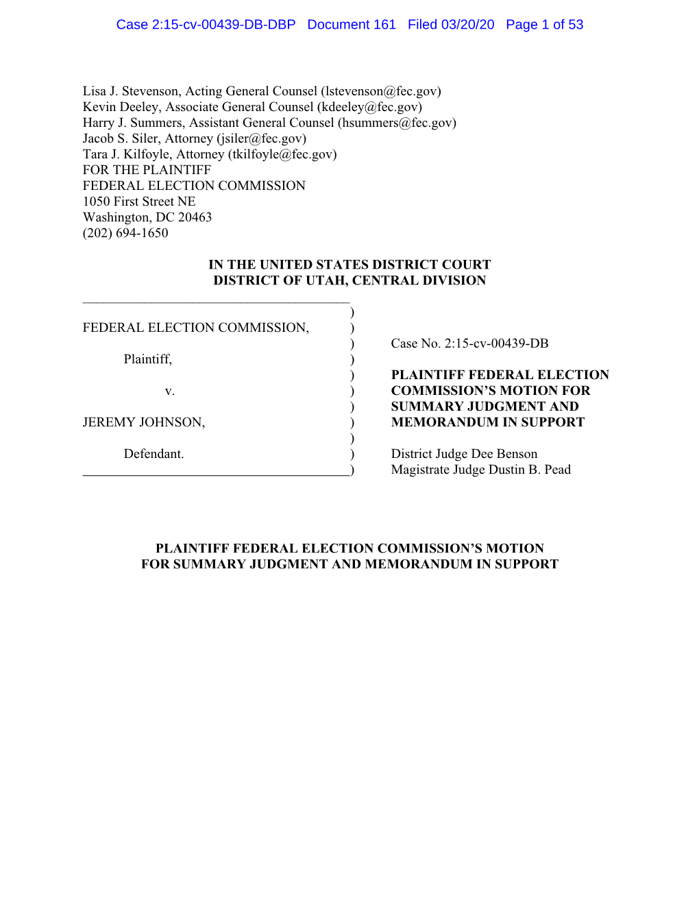 FEC V. Johnson FEC's Motion for Summary Judgment and Memo In