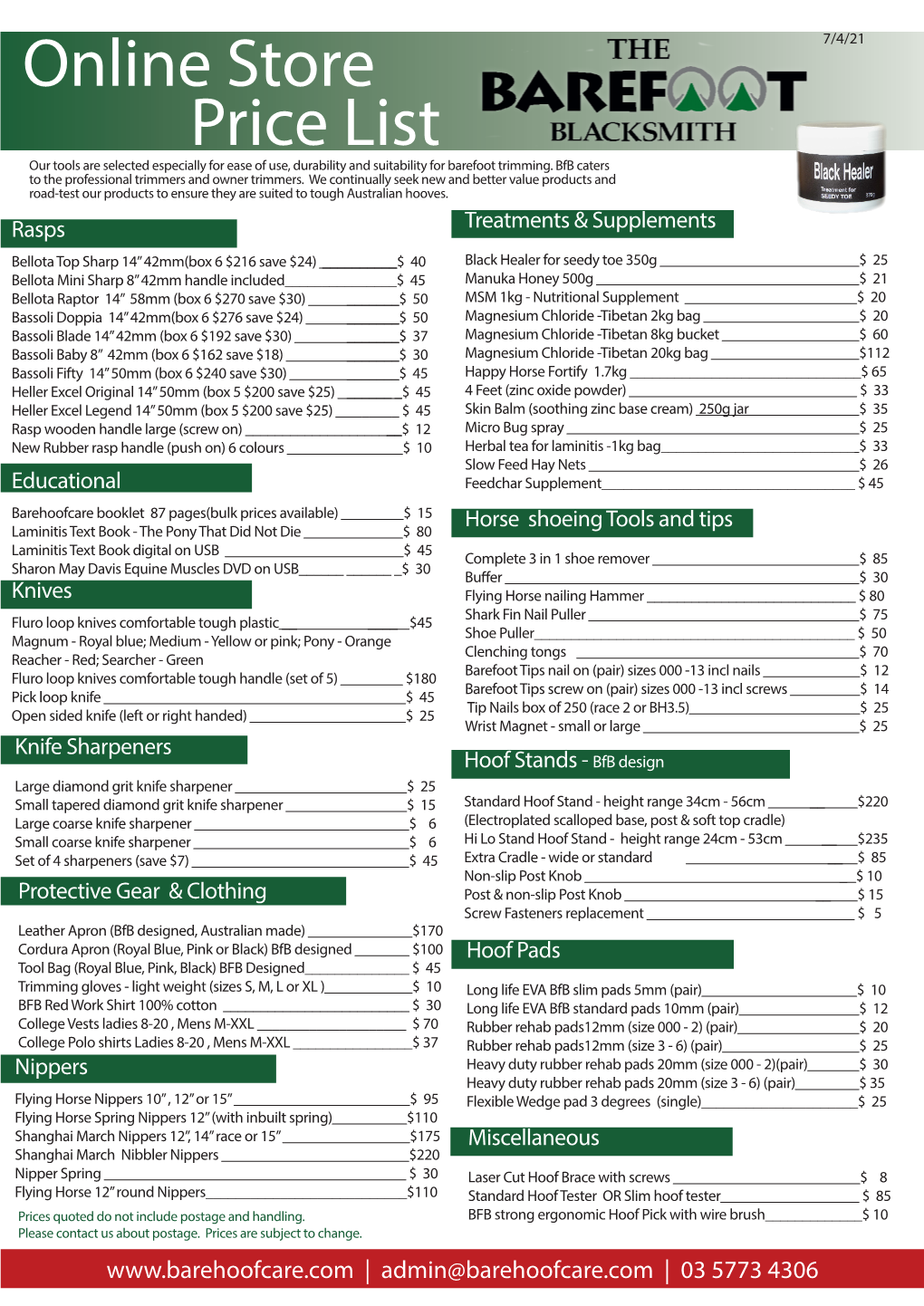 Online Store Price List