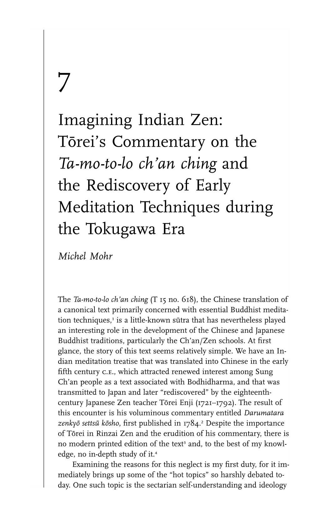 Imagining Indian Zen: To¯Rei’S Commentary on the Ta-Mo-To-Lo Ch’An Ching and the Rediscovery of Early Meditation Techniques During the Tokugawa Era