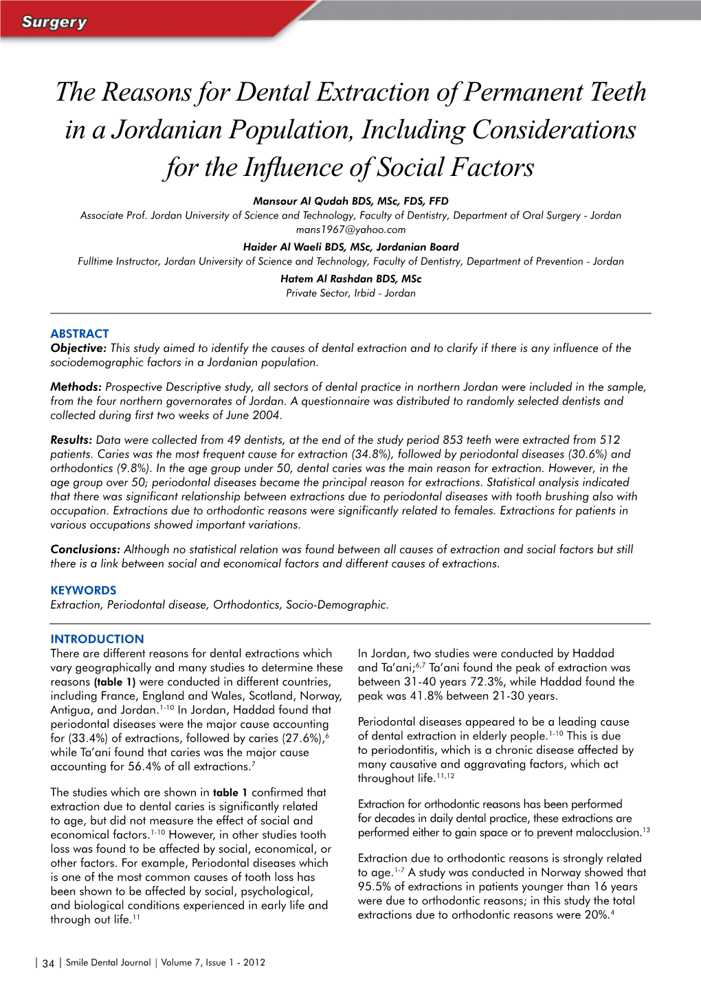 The Reasons for Dental Extraction of Permanent Teeth in a Jordanian Population, Including Considerations for the Influence of Social Factors