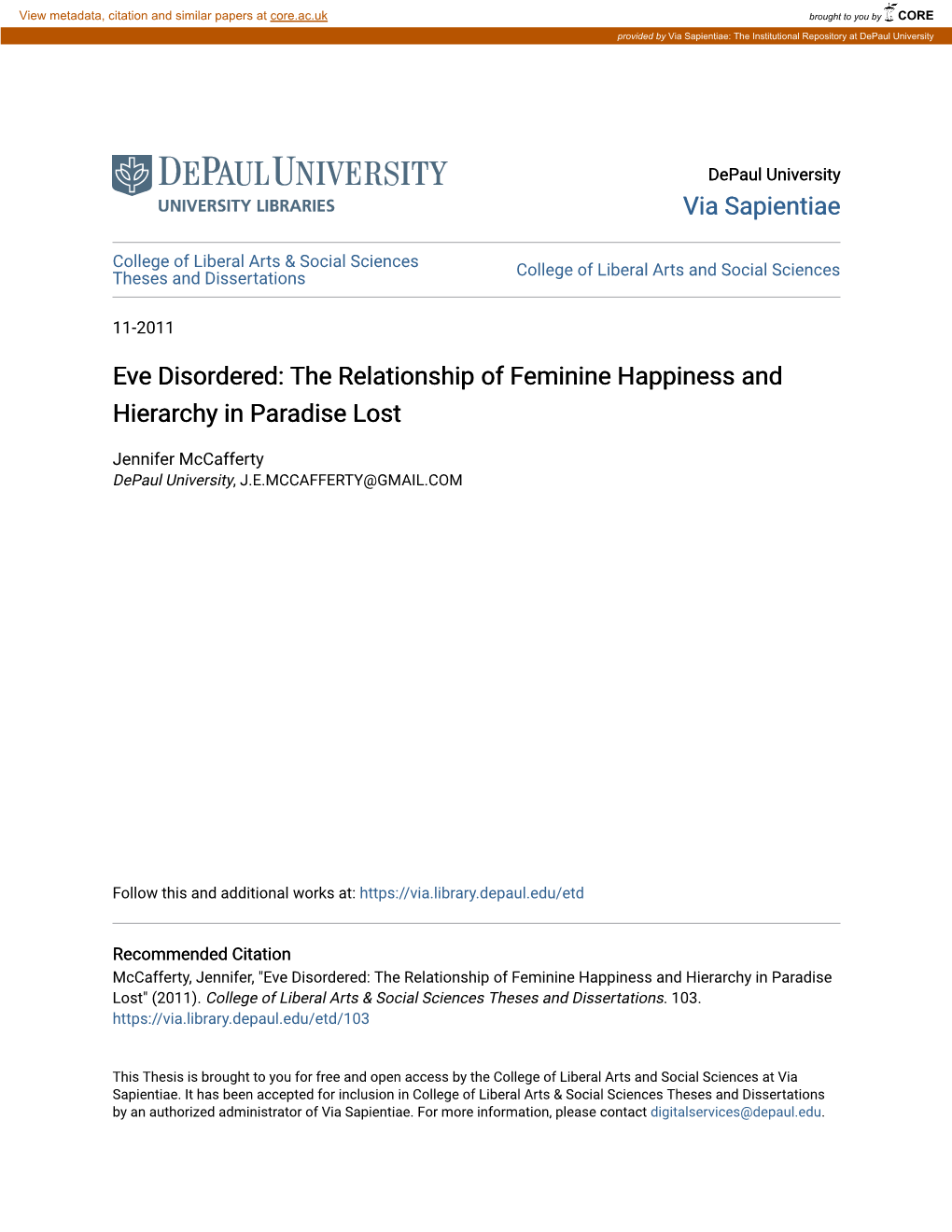 Eve Disordered: the Relationship of Feminine Happiness and Hierarchy in Paradise Lost