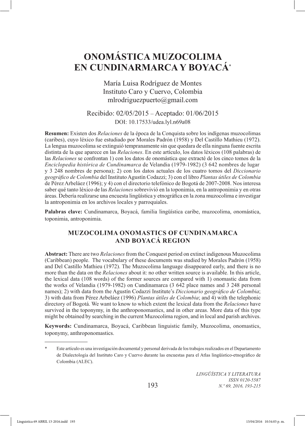 Onomástica Muzocolima En Cundinarmarca Y Boyacá*