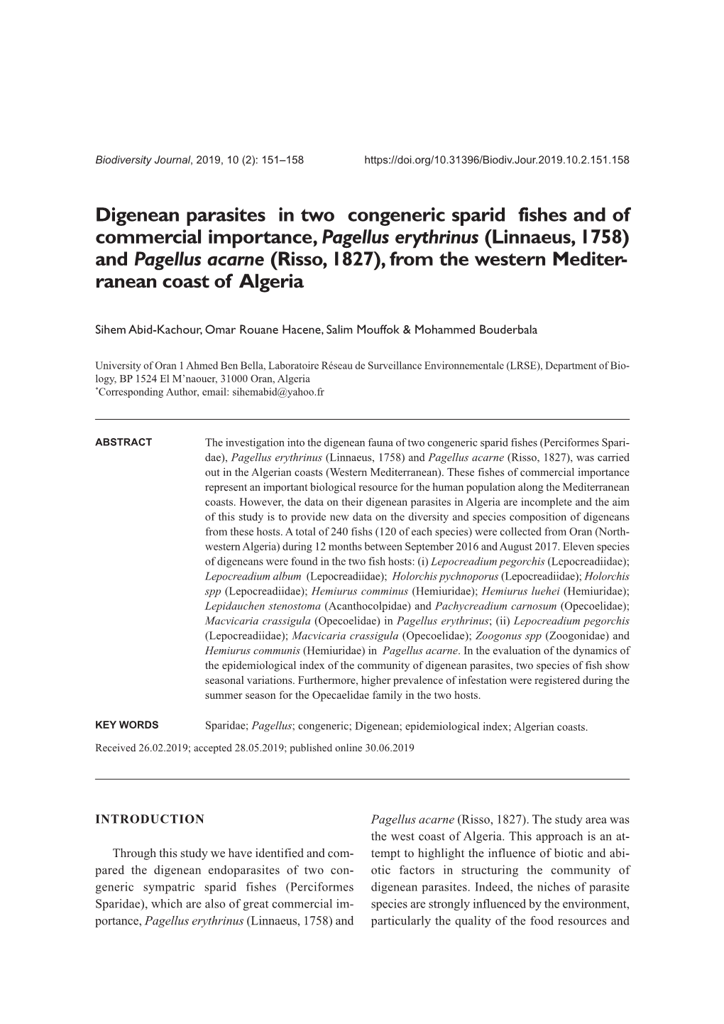 Digenean Parasites in Two Congeneric Sparid Fishes