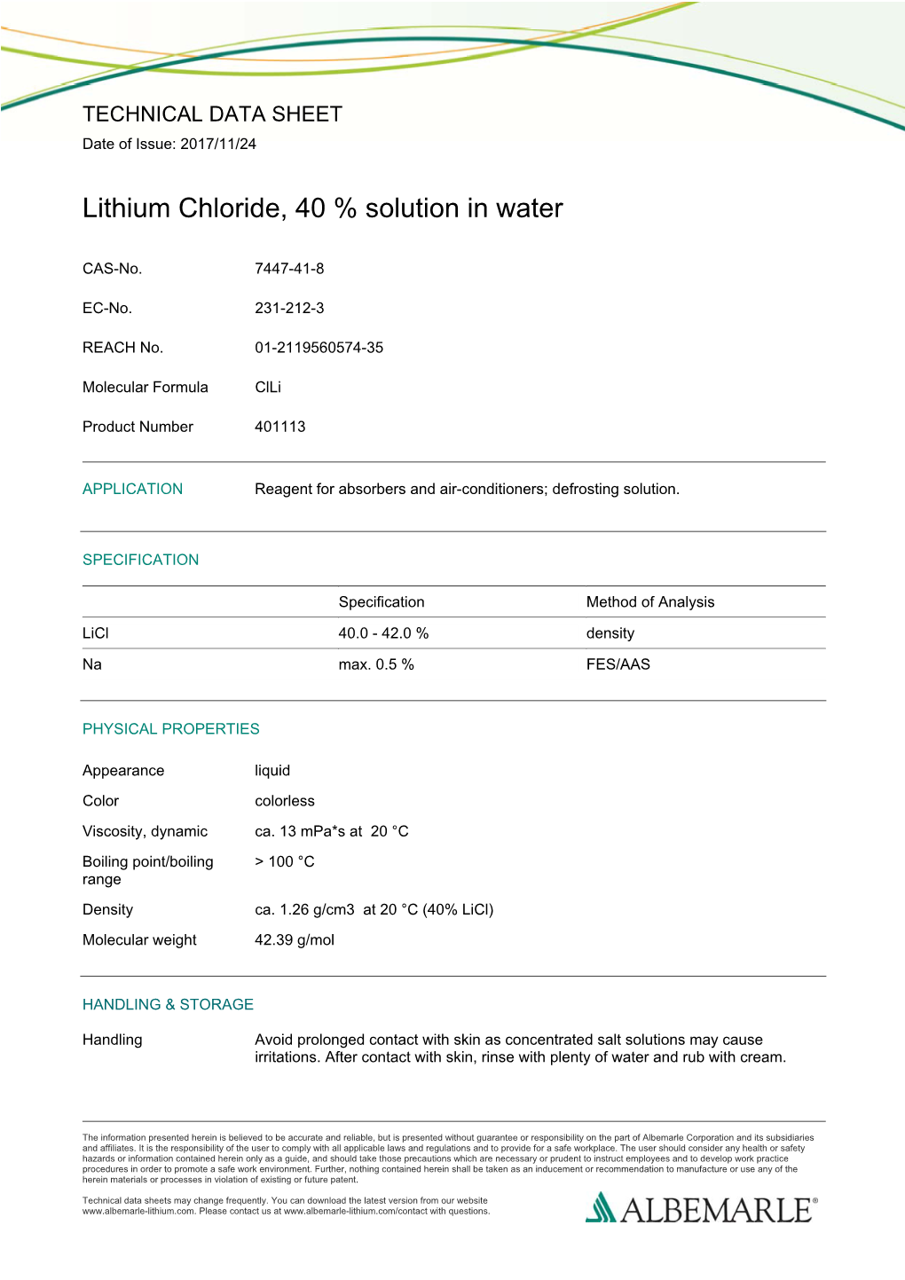 Lithium Chloride, 40 % Solution in Water