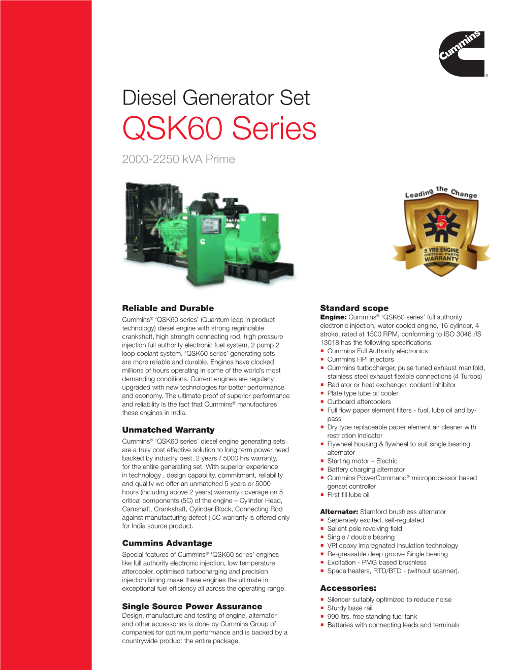 Diesel Generator Set QSK60 Series 2000-2250 Kva Prime