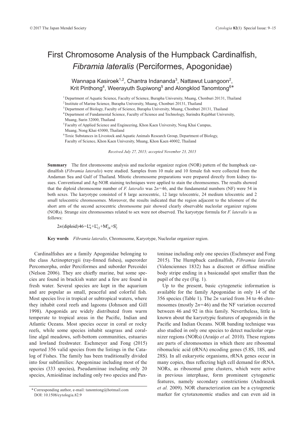 First Chromosome Analysis of the Humpback Cardinalfish, Fibramia