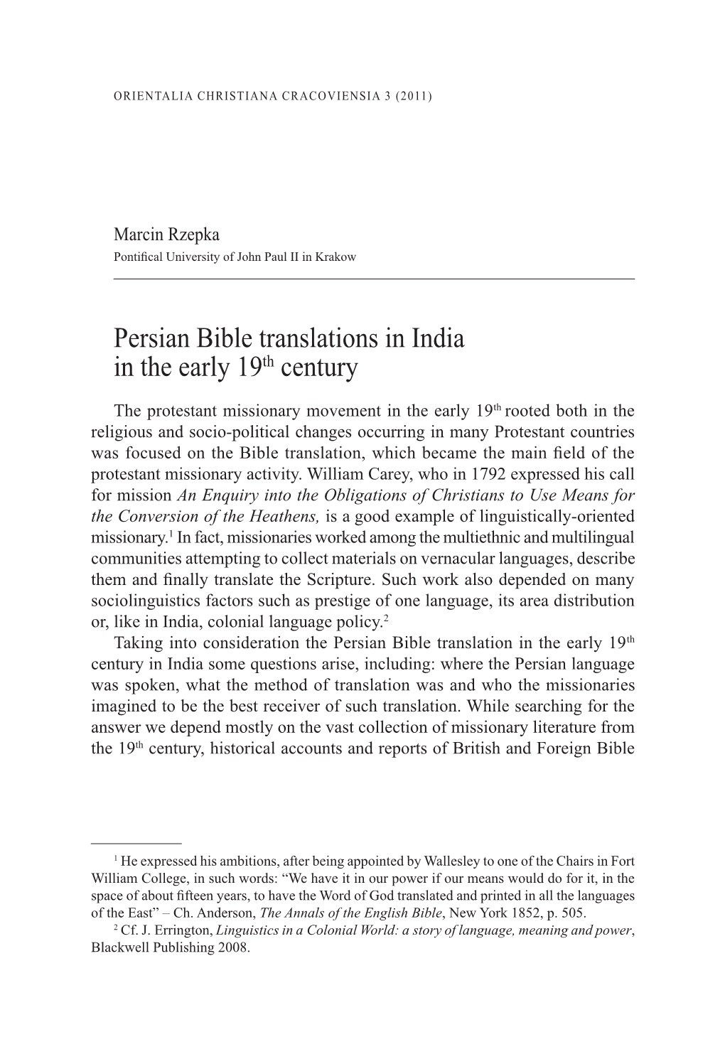 Persian Bible Translations in India in the Early 19Th Century