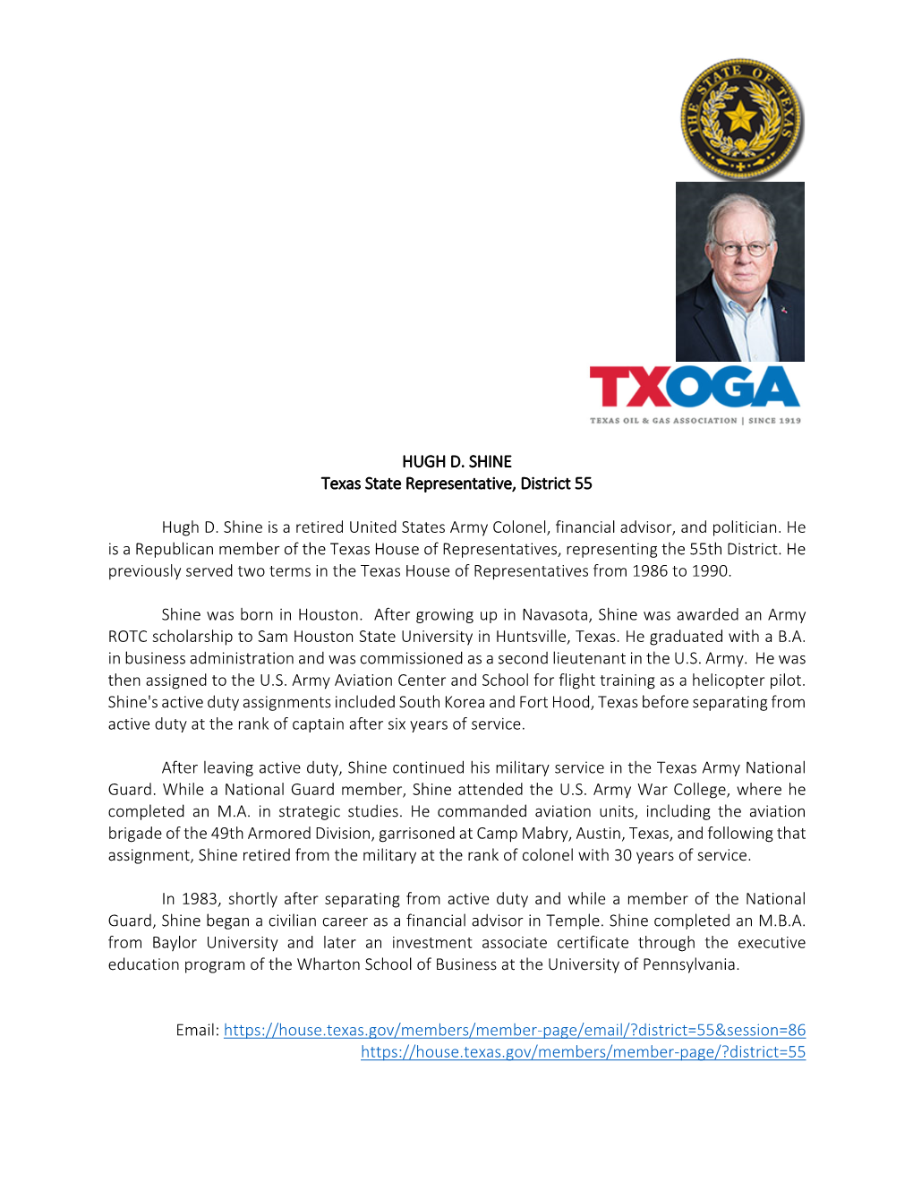 HUGH D. SHINE Texas State Representative, District 55 Hugh D