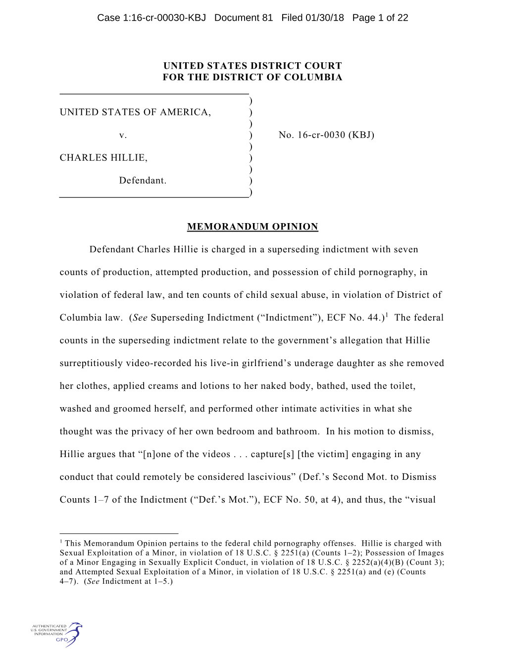 KBJ Document 81 Filed 01/30/18 Page 1 of 22