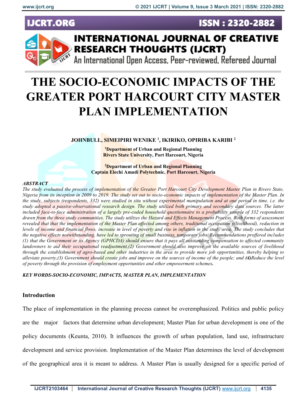 The Socio-Economic Impacts of the Greater Port Harcourt City Master Plan Implementation
