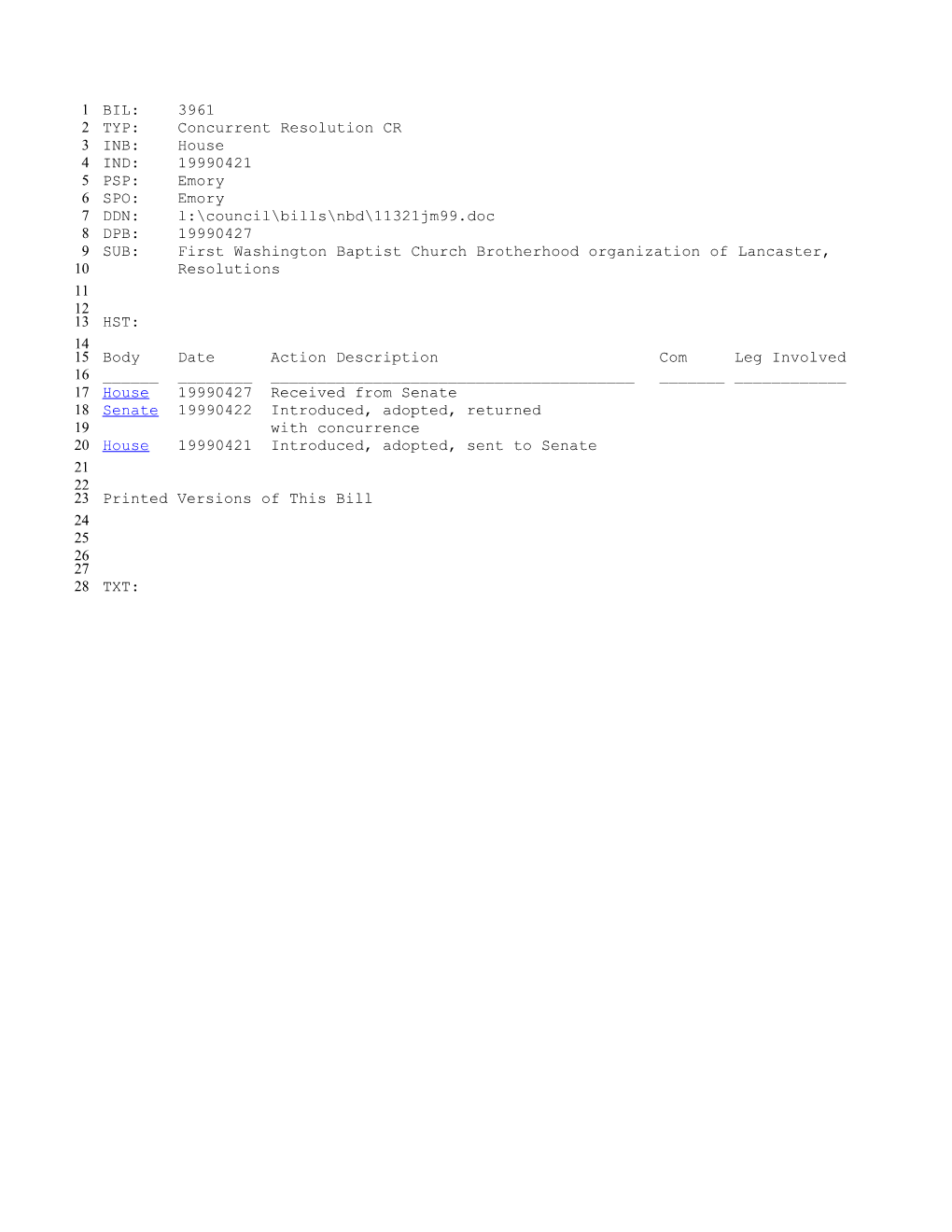 1999-2000 Bill 3961: First Washington Baptist Church Brotherhood Organization of Lancaster