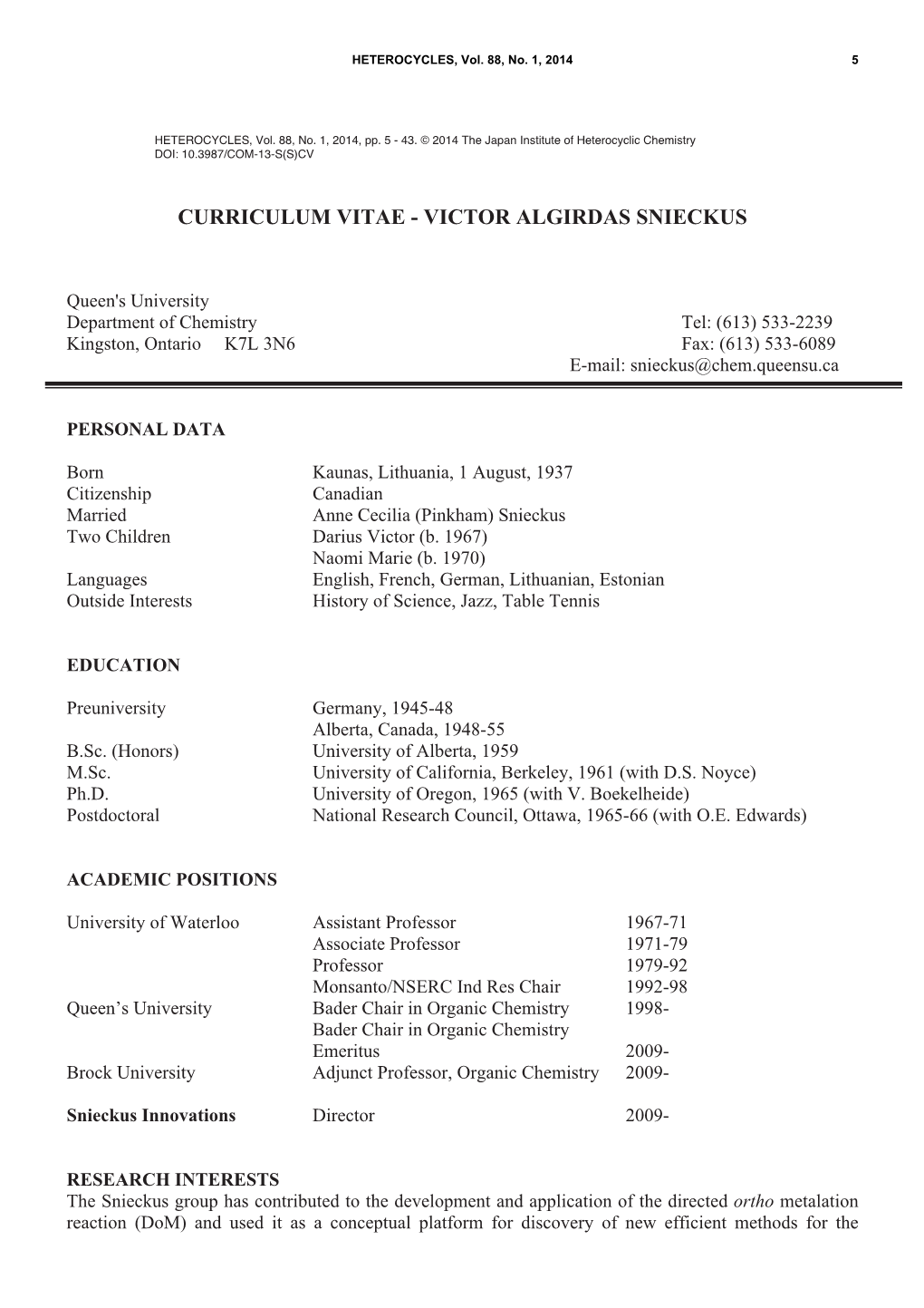 Curriculum Vitae - Victor Algirdas Snieckus