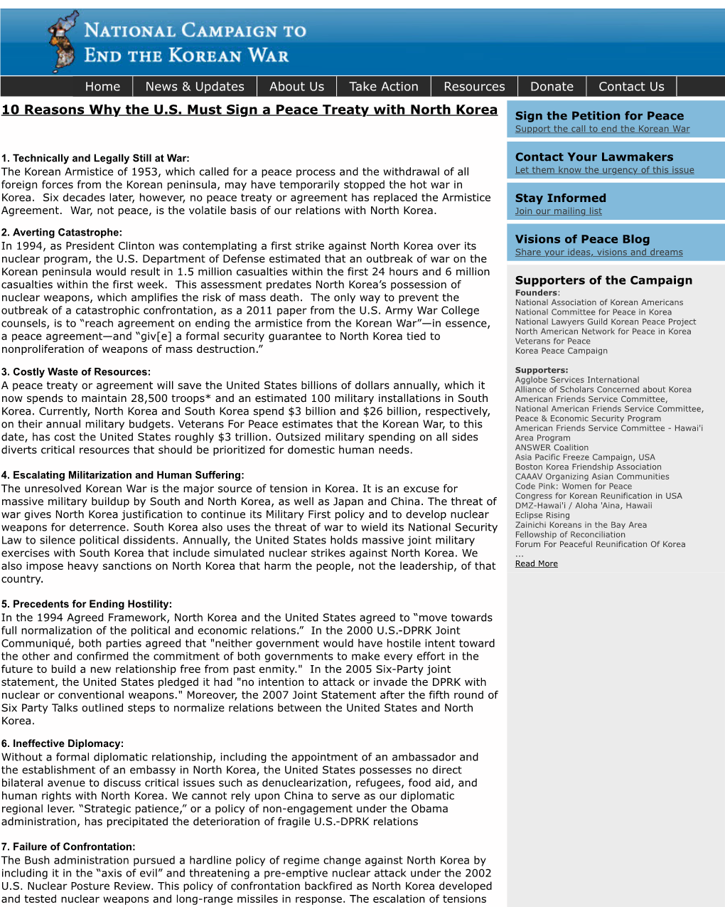 10 Reasons Why the U.S. Must Sign a Peace Treaty with North Korea Sign the Petition for Peace Support the Call to End the Korean War