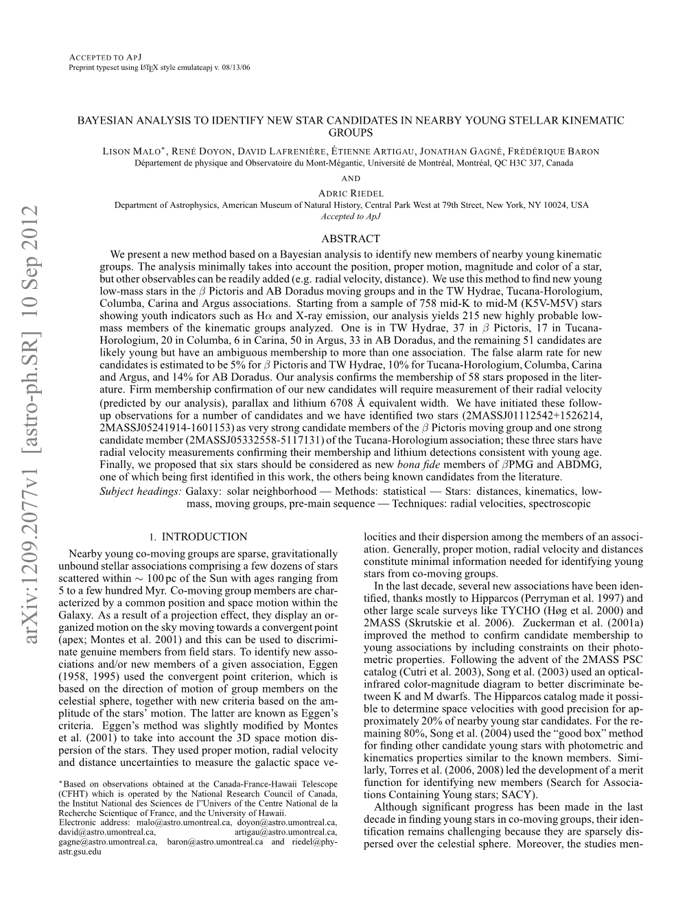 Arxiv:1209.2077V1 [Astro-Ph.SR] 10 Sep 2012