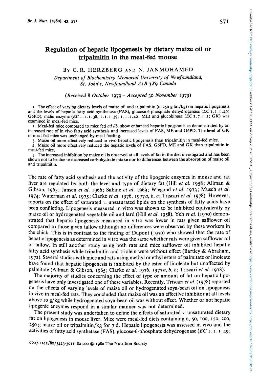 Regulation of Hepatic Lipogenesis by Dietary Maize Oil Or Tripalmitin in the Meal-Fed Mouse