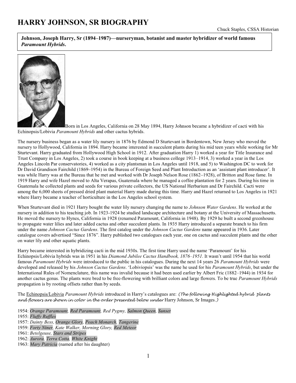 HARRY JOHNSON, SR BIOGRAPHY Chuck Staples, CSSA Historian