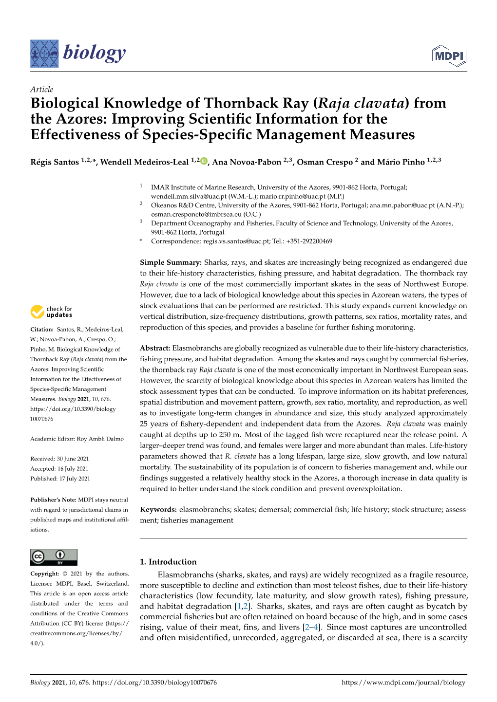 Raja Clavata) from the Azores: Improving Scientiﬁc Information for the Effectiveness of Species-Speciﬁc Management Measures