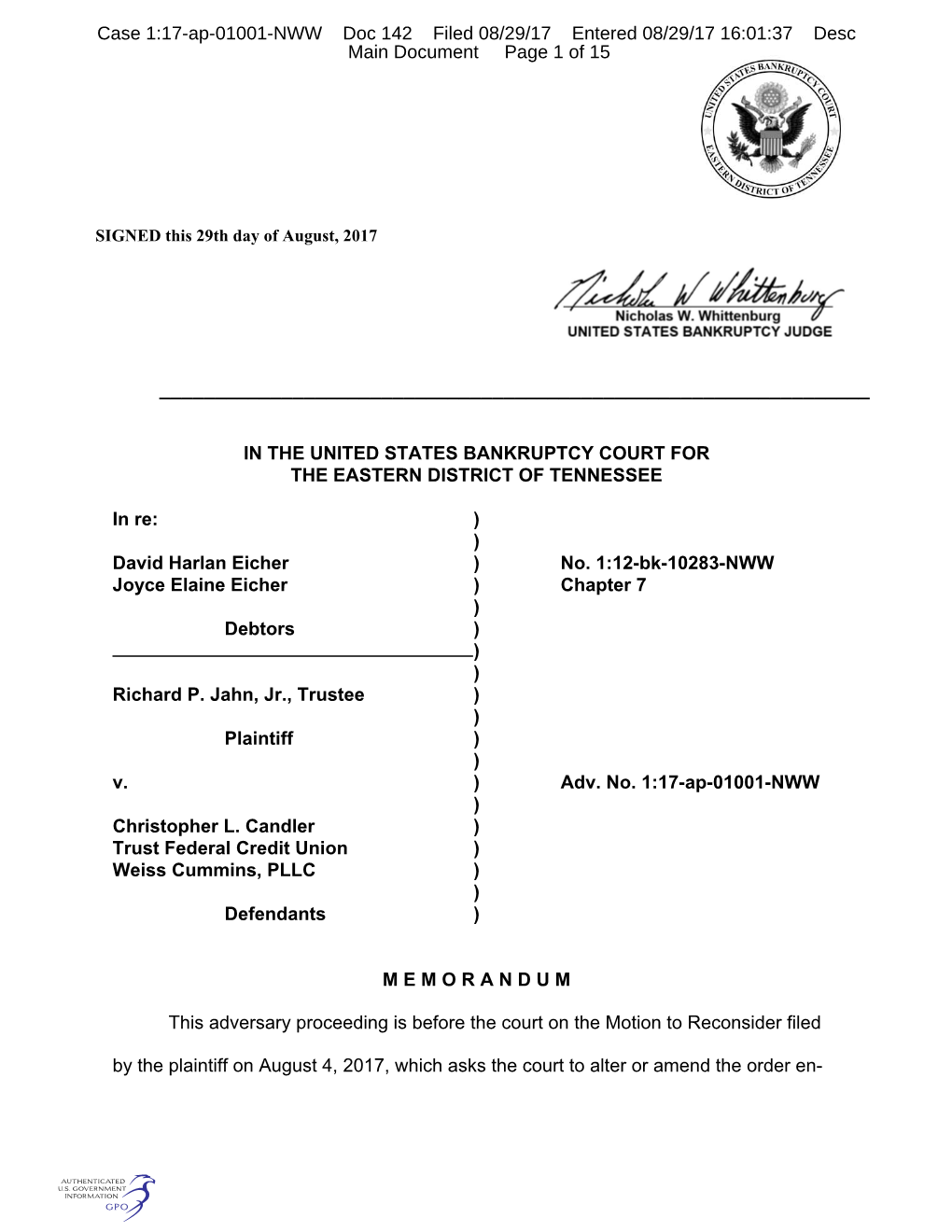 Case 1:17-Ap-01001-NWW Doc 142 Filed 08/29/17 Entered 08/29/17 16:01:37 Desc Main Document Page 1 of 15