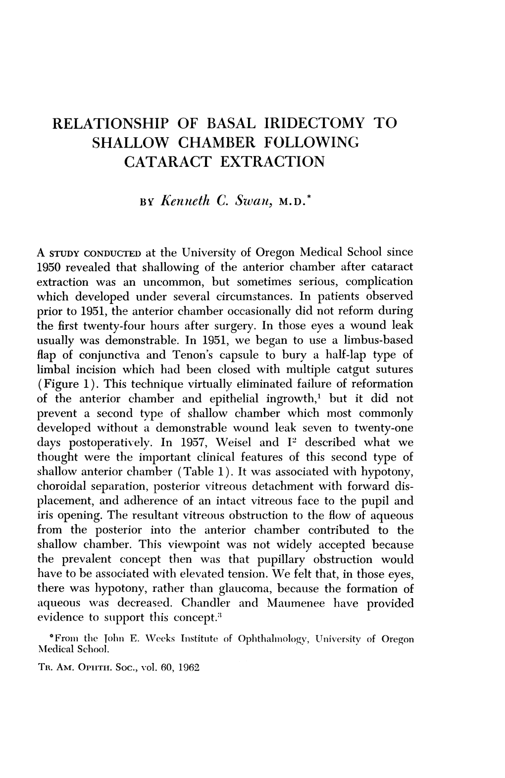 Relationship of Basal Iridectomy to Shallow Chamber Following Cataract Extraction