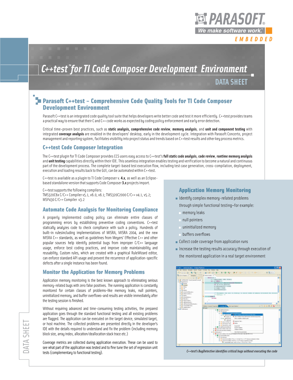 C++Test for TI Code Composer Development Environment DATA SHEET