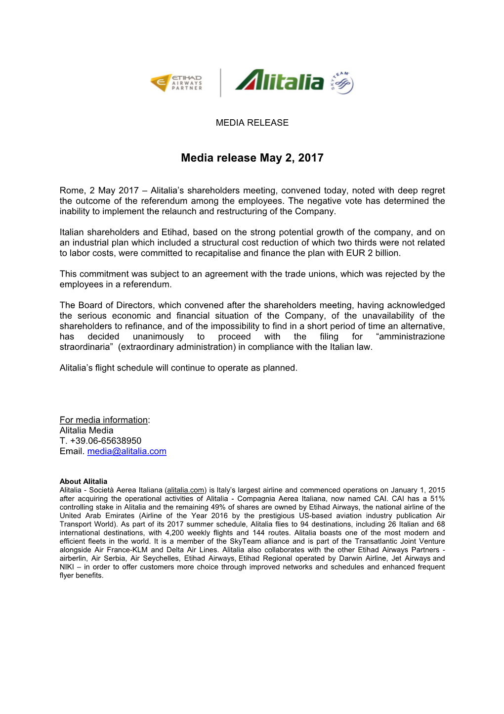 Media Release May 2, 2017