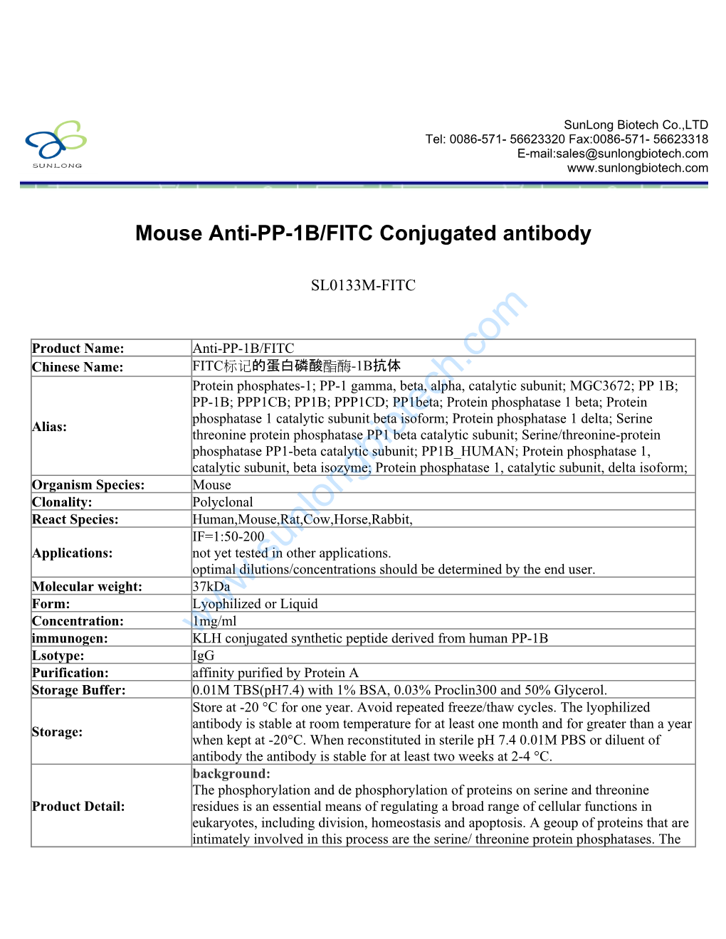 Mouse Anti-PP-1B/FITC Conjugated Antibody