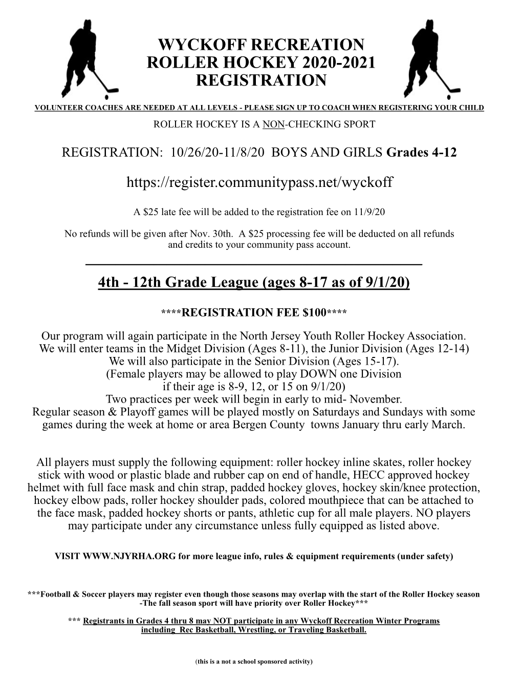 Wyckoff Recreation Roller Hockey 2020-2021 Registration