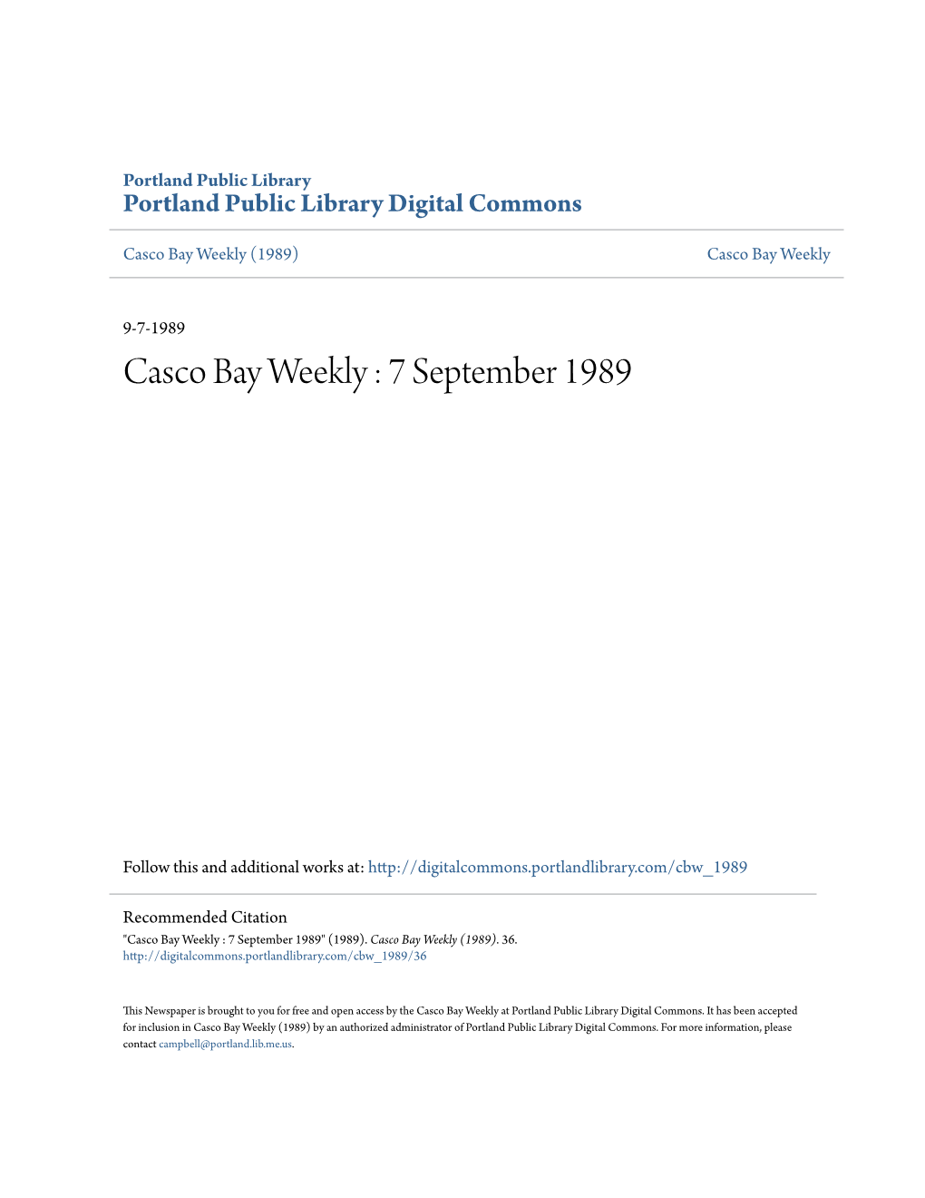 Casco Bay Weekly : 7 September 1989