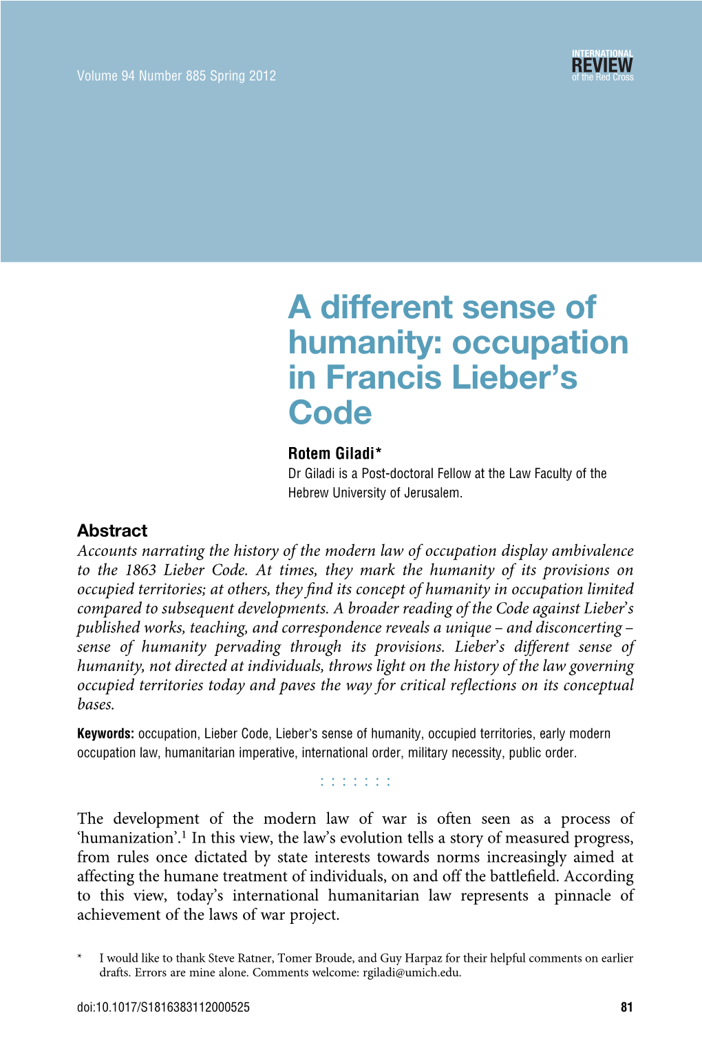 A Different Sense of Humanity: Occupation in Francis Lieber's Code