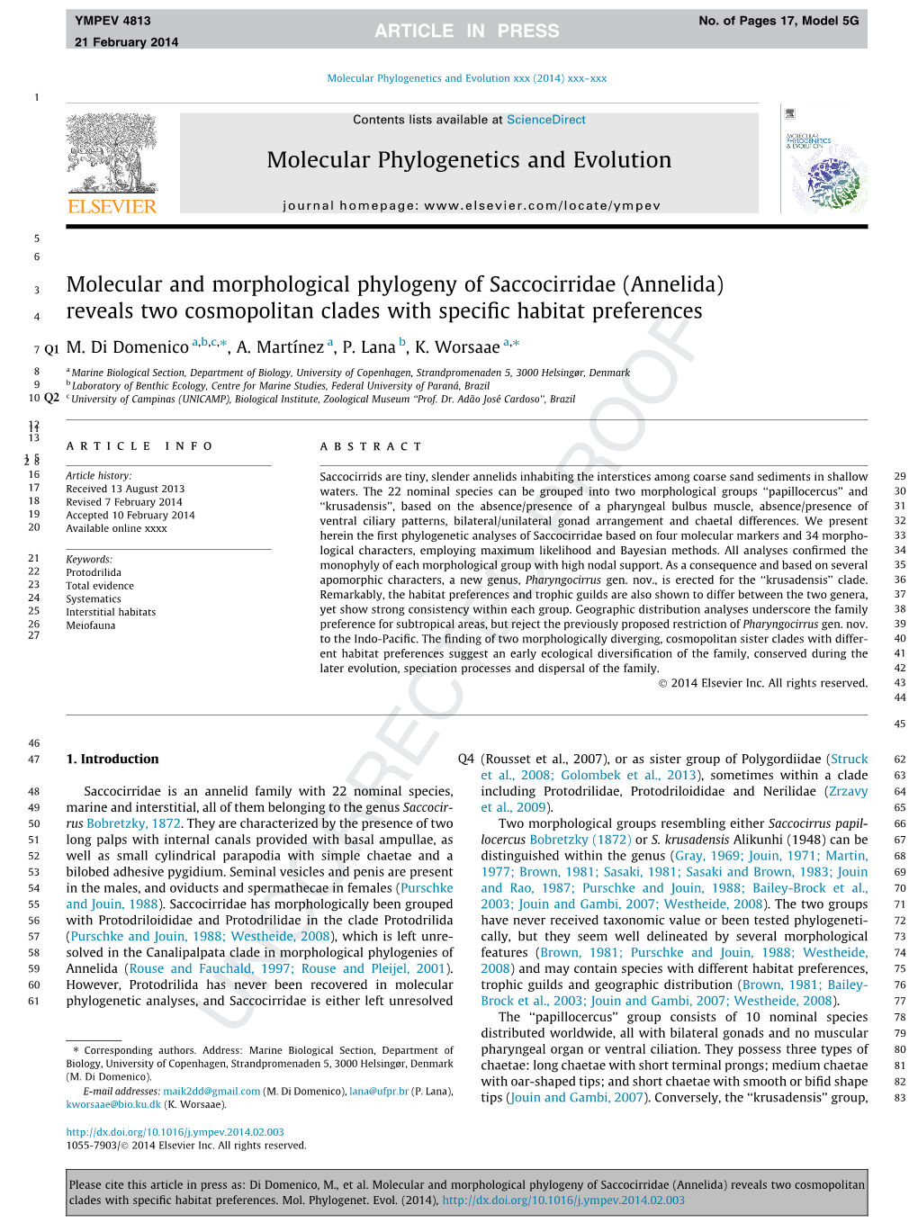 Molecular and Morphological Phylogeny of Saccocirridae (Annelida) Reveals Two Cosmopolitan Clades with Specific Habitat Preferen