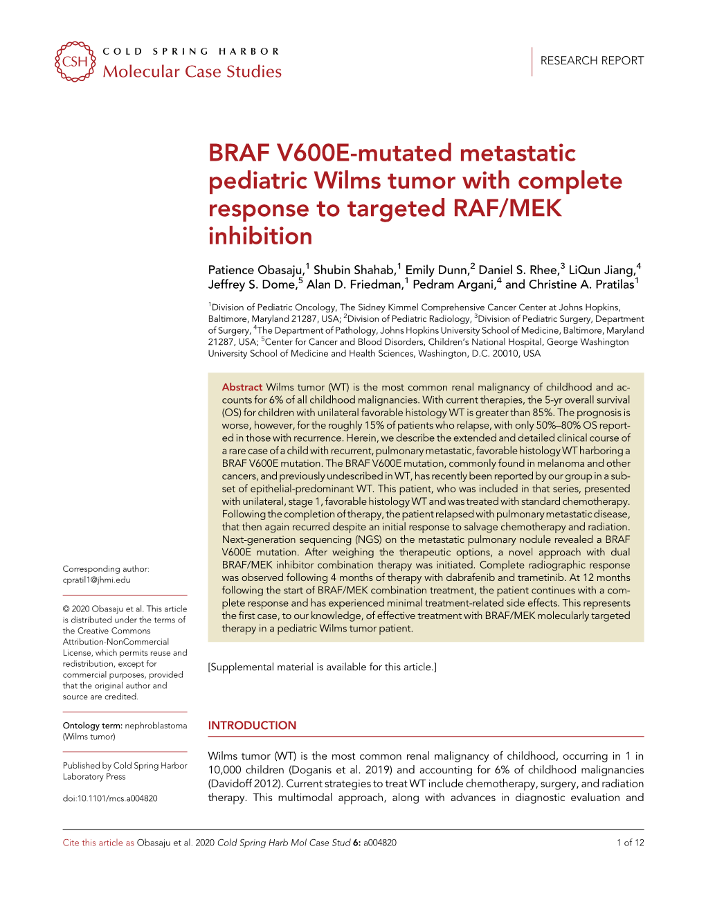 BRAF V600E-Mutated Metastatic Pediatric Wilms Tumor with Complete Response to Targeted RAF/MEK Inhibition