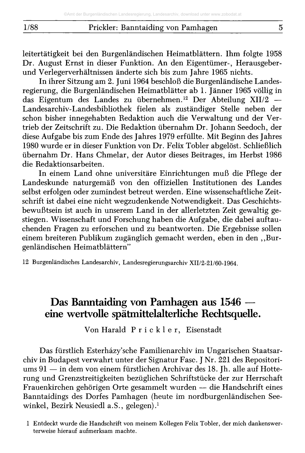 Das Banntaiding Von Pamhagen Aus 1546 — Eine Wertvolle Spätmittelalterliche Rechtsquelle