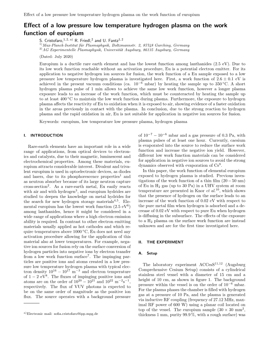 Effect of a Low Pressure Low Temperature Hydrogen Plasma On