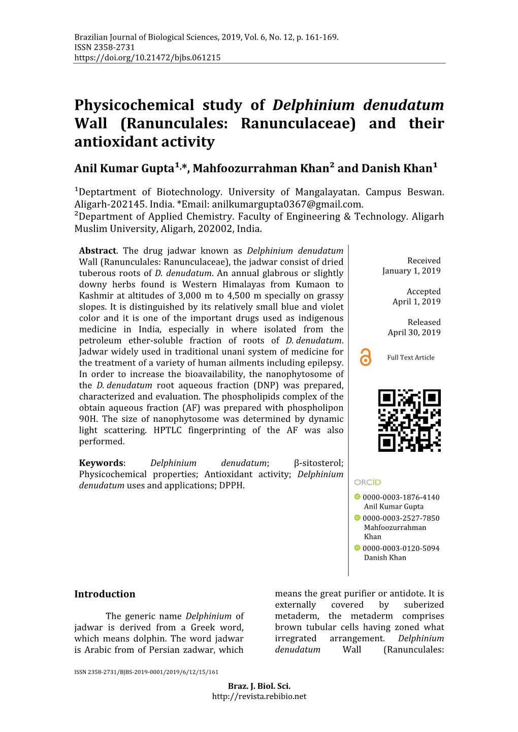 Physicochemical Study of Delphinium Denudatum Wall (Ranunculales: Ranunculaceae) and Their Antioxidant Activity