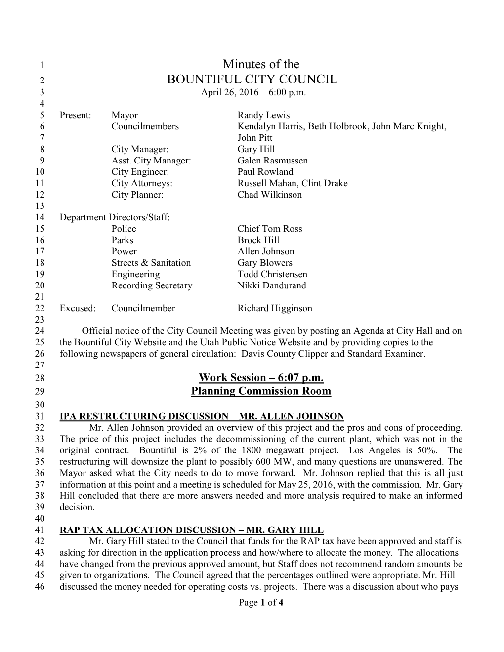 Minutes of the BOUNTIFUL CITY COUNCIL