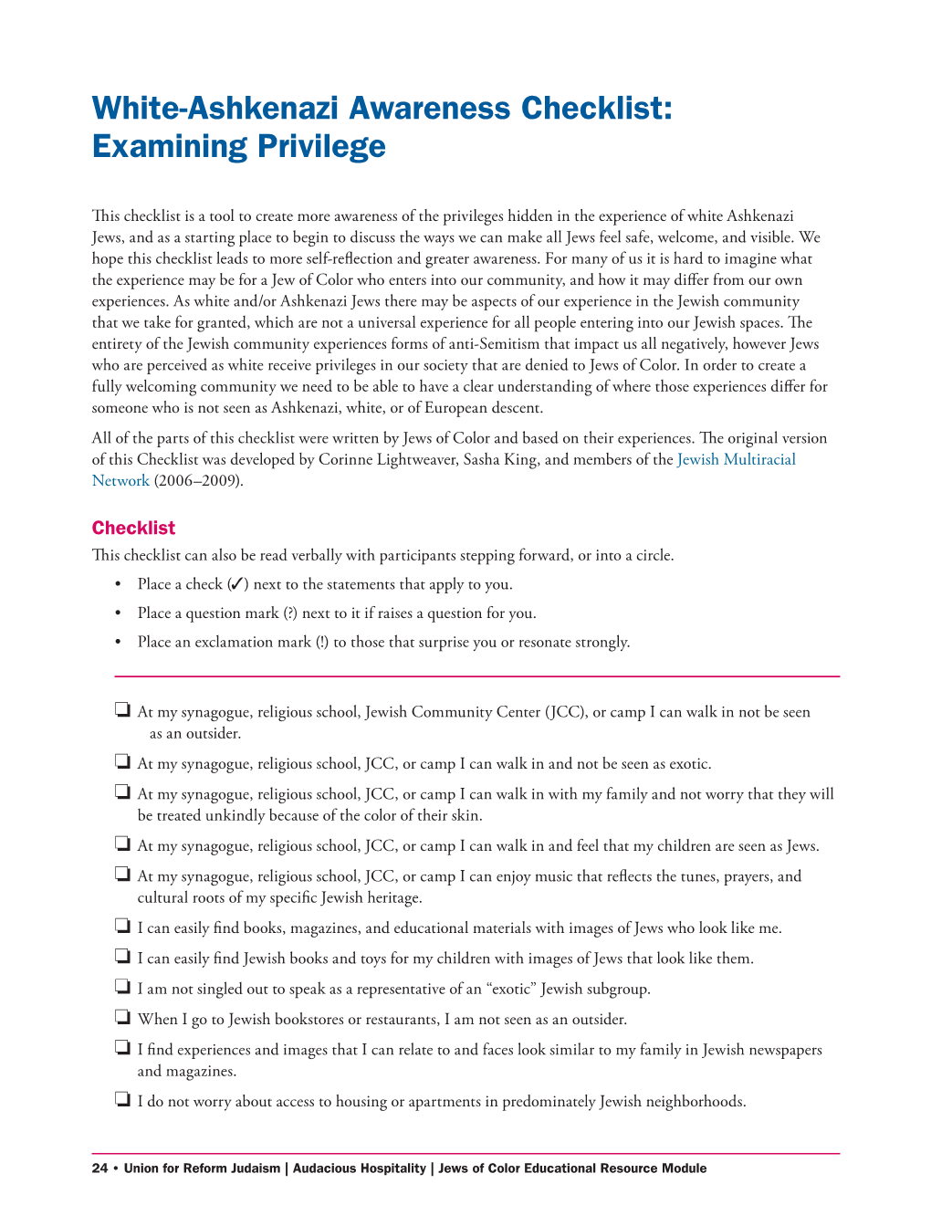 White-Ashkenazi Awareness Checklist: Examining Privilege