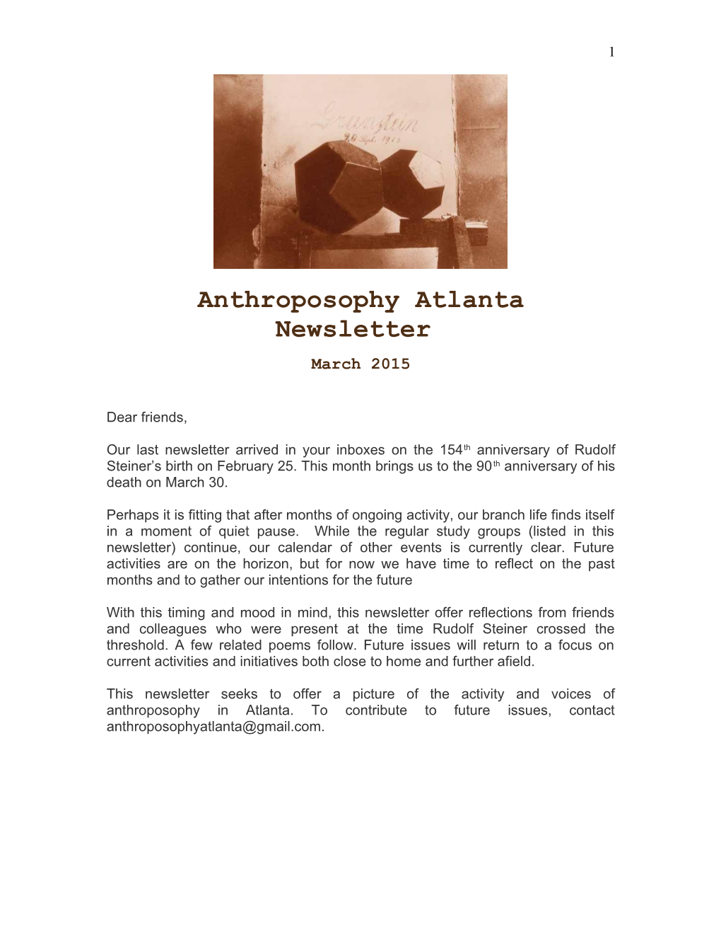 Anthroposophy Atlanta Newsletter March 2015