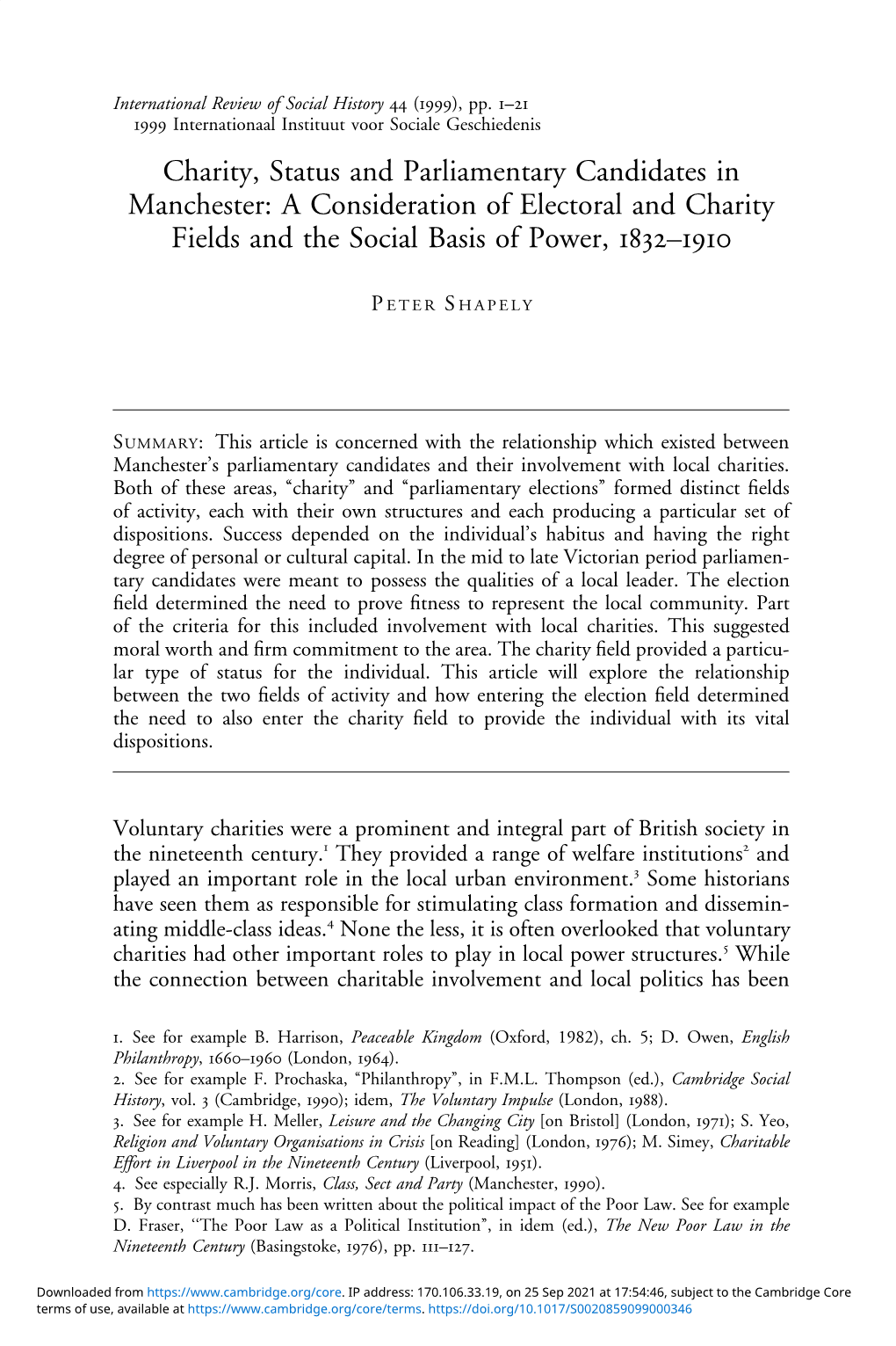 Charity, Status and Parliamentary Candidates in Manchester: a Consideration of Electoral and Charity Fields and the Social Basis of Power, 1832–1910