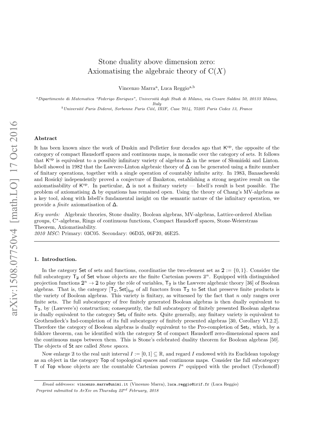 Stone Duality Above Dimension Zero: Axiomatising the Algebraic Theory Of