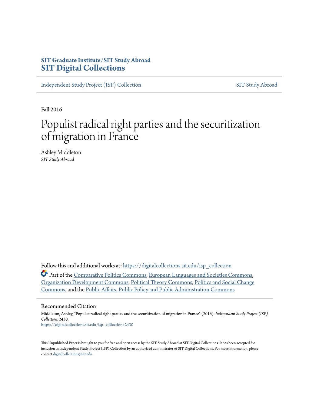 Populist Radical Right Parties and the Securitization of Migration in France Ashley Middleton SIT Study Abroad