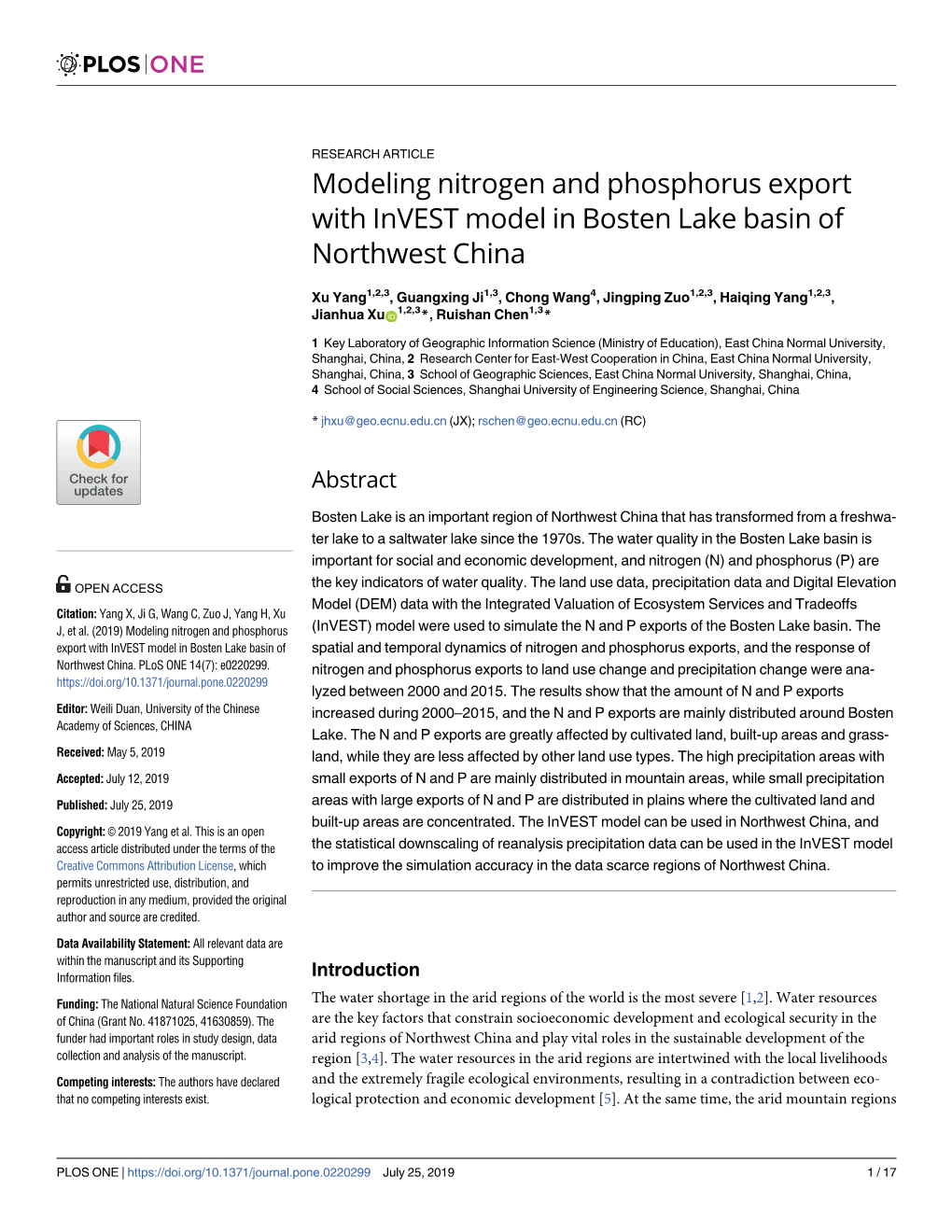 Modeling Nitrogen and Phosphorus Export with Invest Model in Bosten Lake Basin of Northwest China