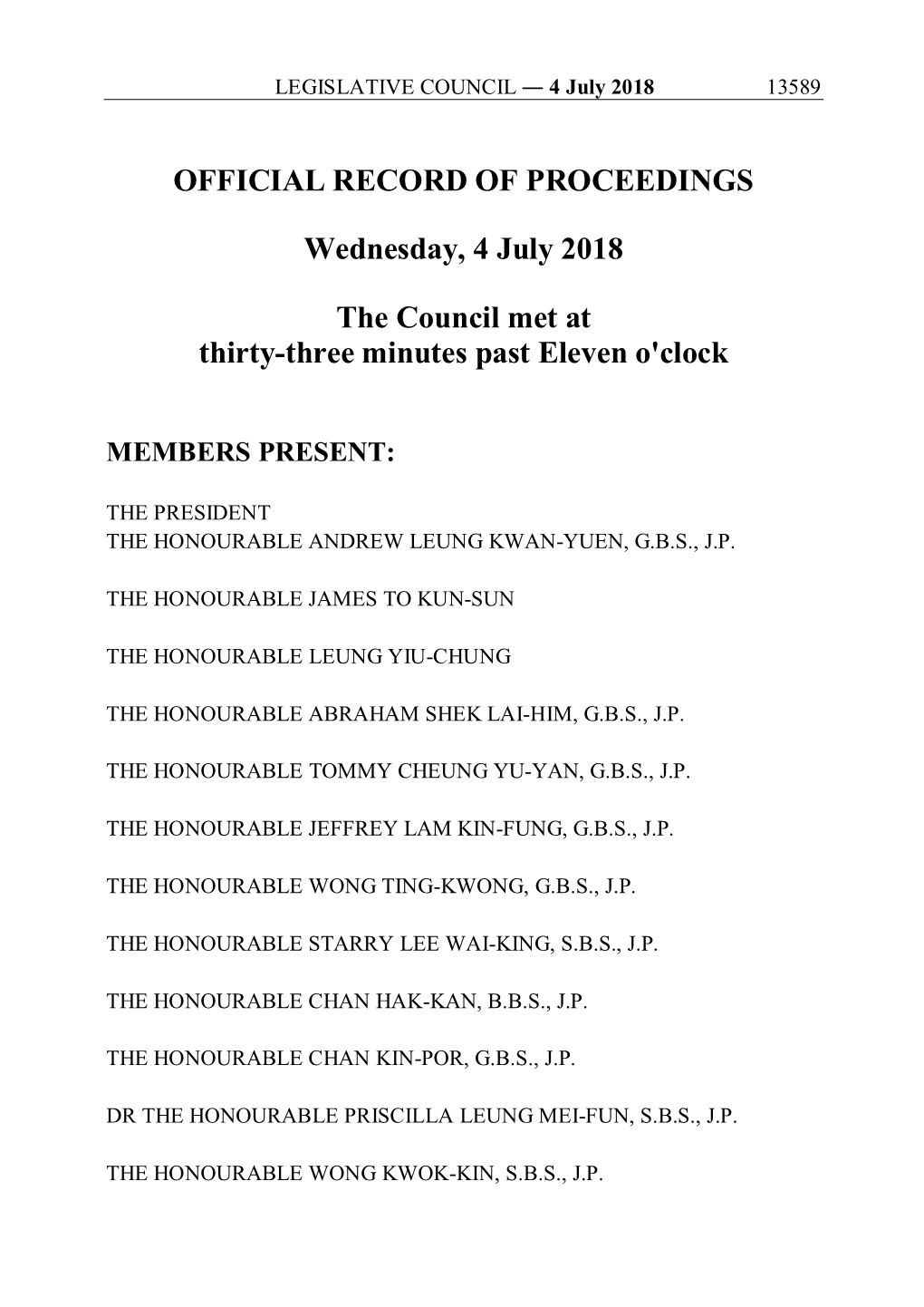 OFFICIAL RECORD of PROCEEDINGS Wednesday, 4 July