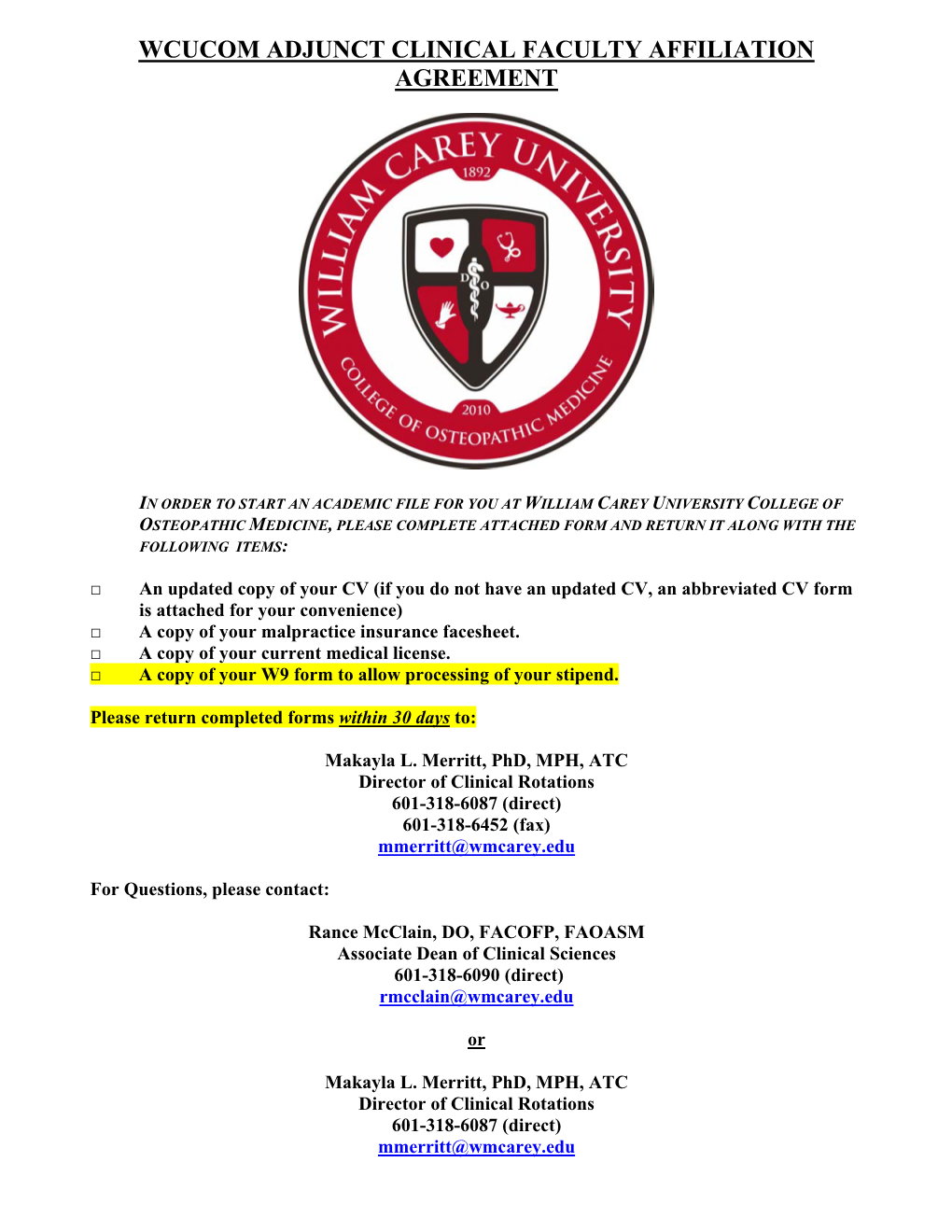 Wcucom Adjunct Clinical Faculty Affiliation Agreement