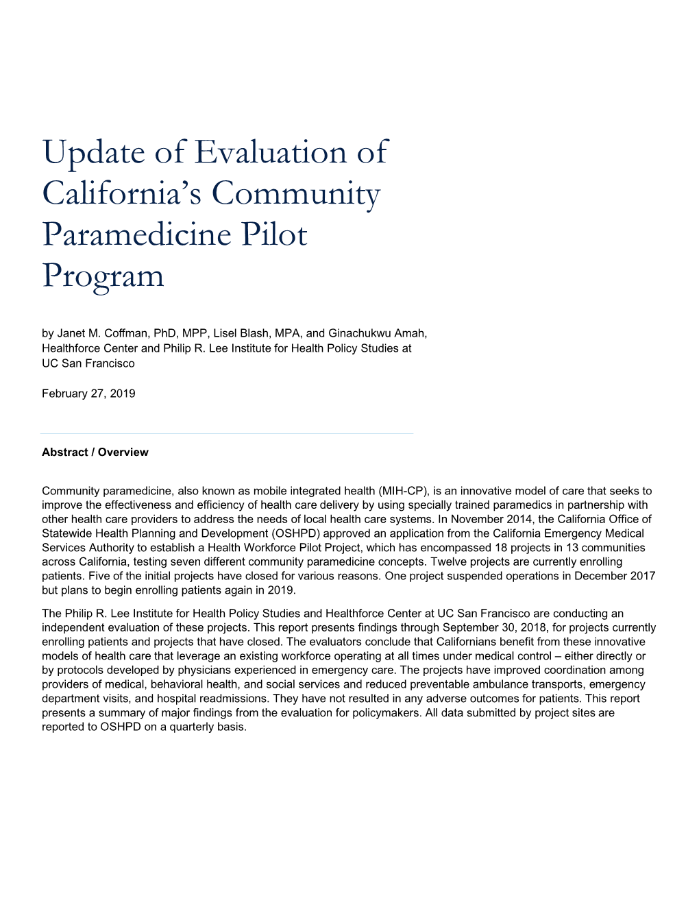 Update of Evaluation of California's Community Paramedicine Pilot