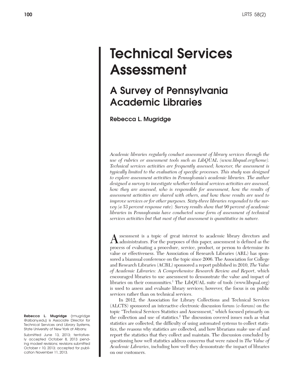 Technical Services Assessment a Survey of Pennsylvania Academic Libraries